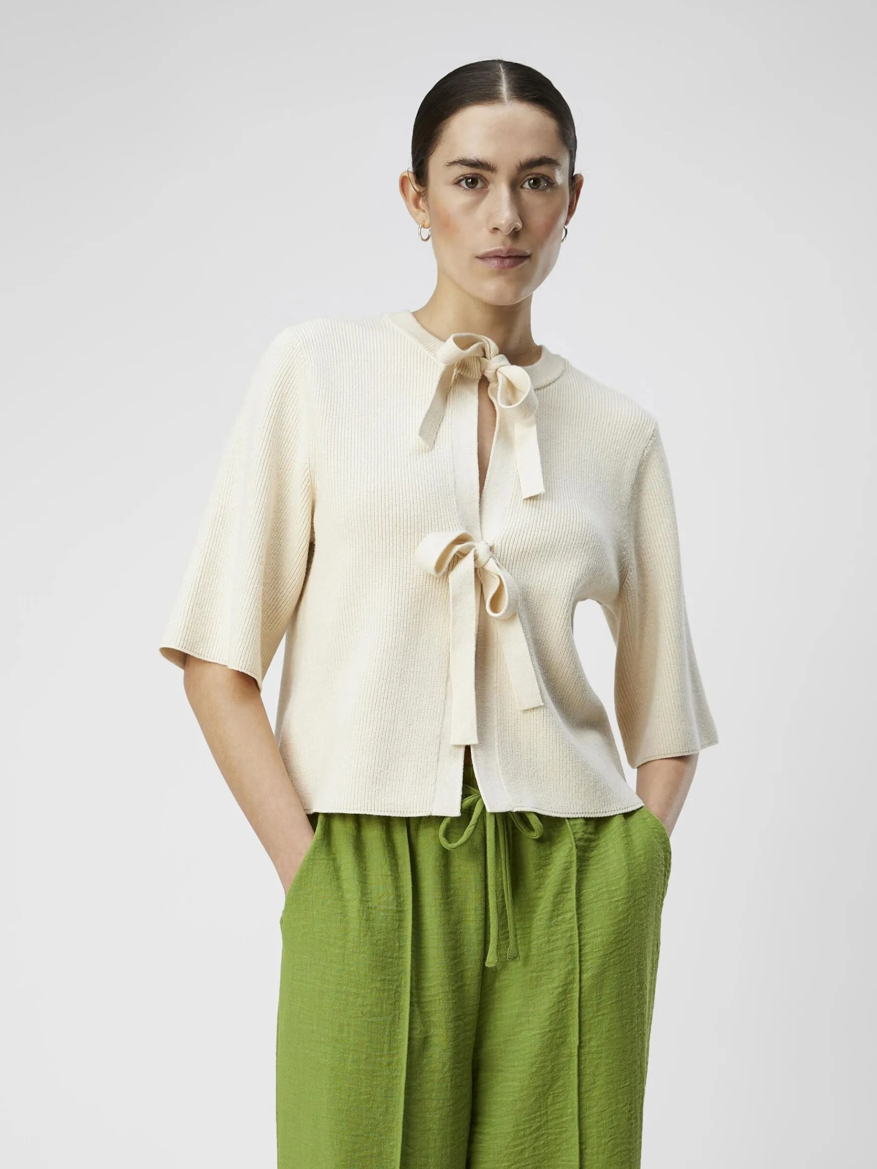 OBJECT Cardigans|Toppar*KORTÄRMAD STICKAD KOFTA Sandshell