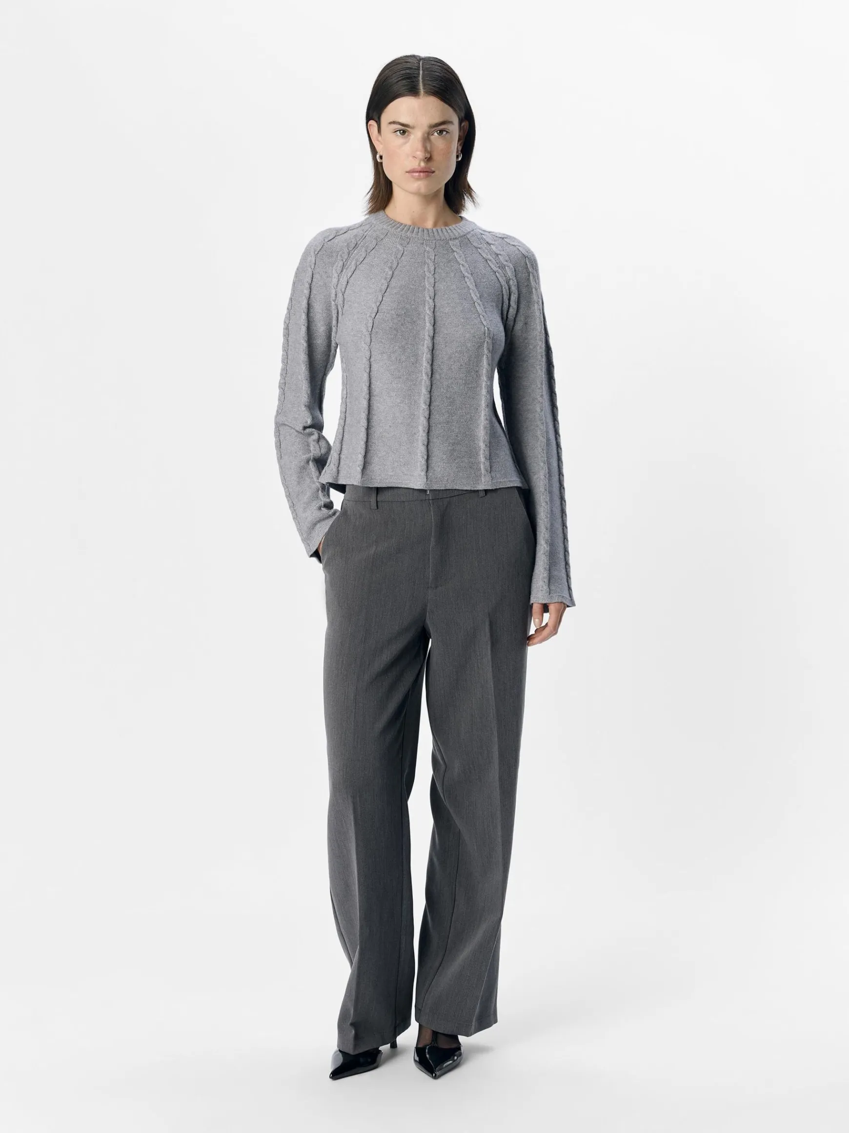 OBJECT Stickat*LÅNGÄRMAD TRÖJA Light Grey Melange