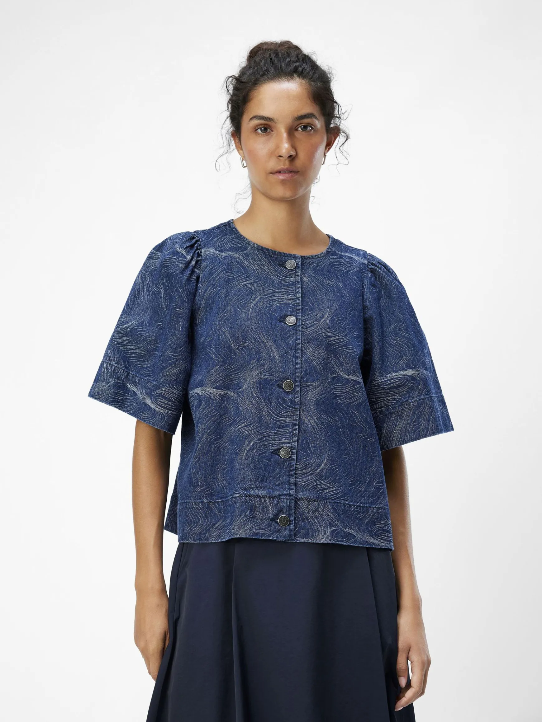 OBJECT Toppar*MED TRYCK JEANSSKJORTA Dark Blue Denim