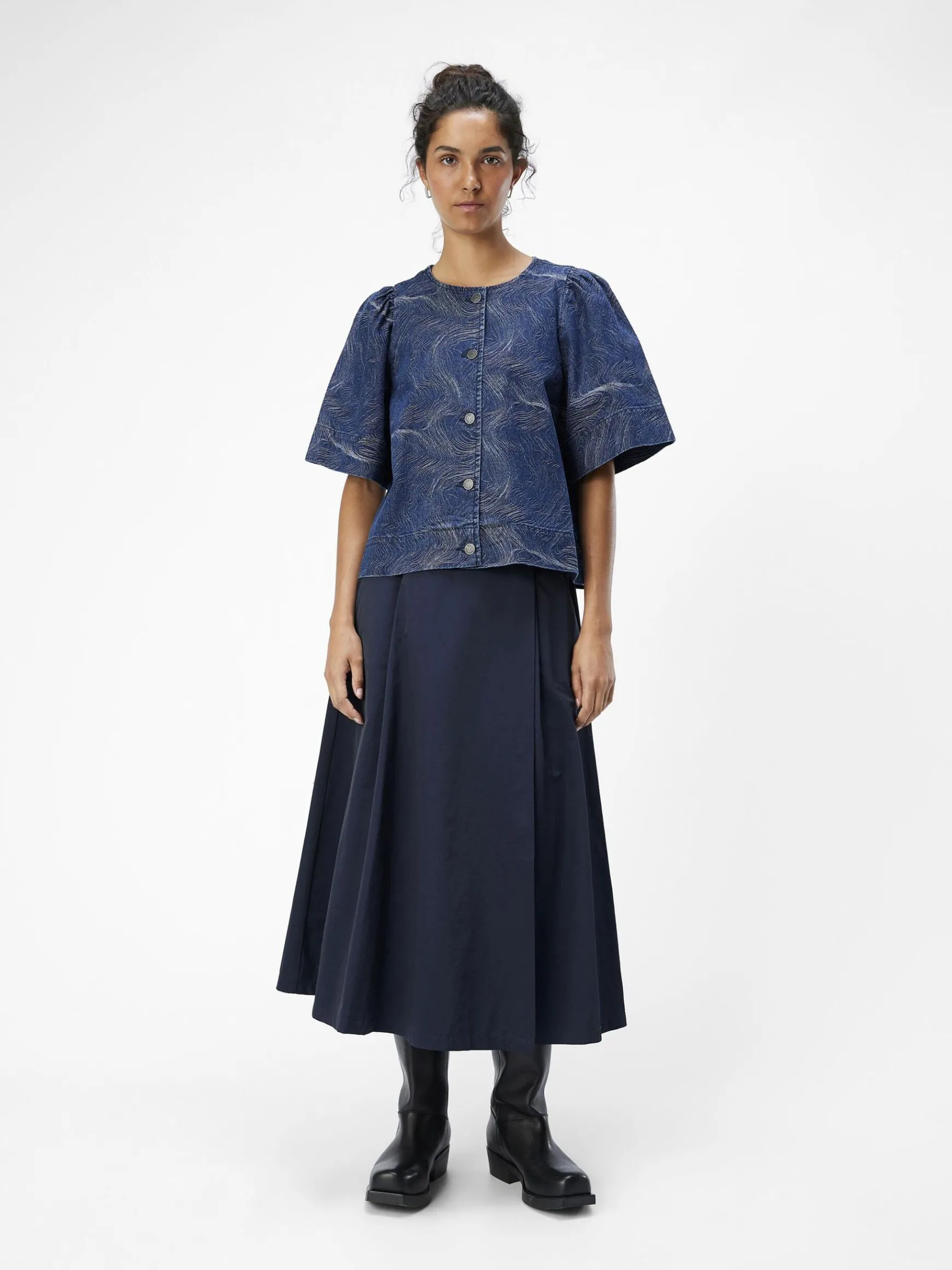 OBJECT Toppar*MED TRYCK JEANSSKJORTA Dark Blue Denim