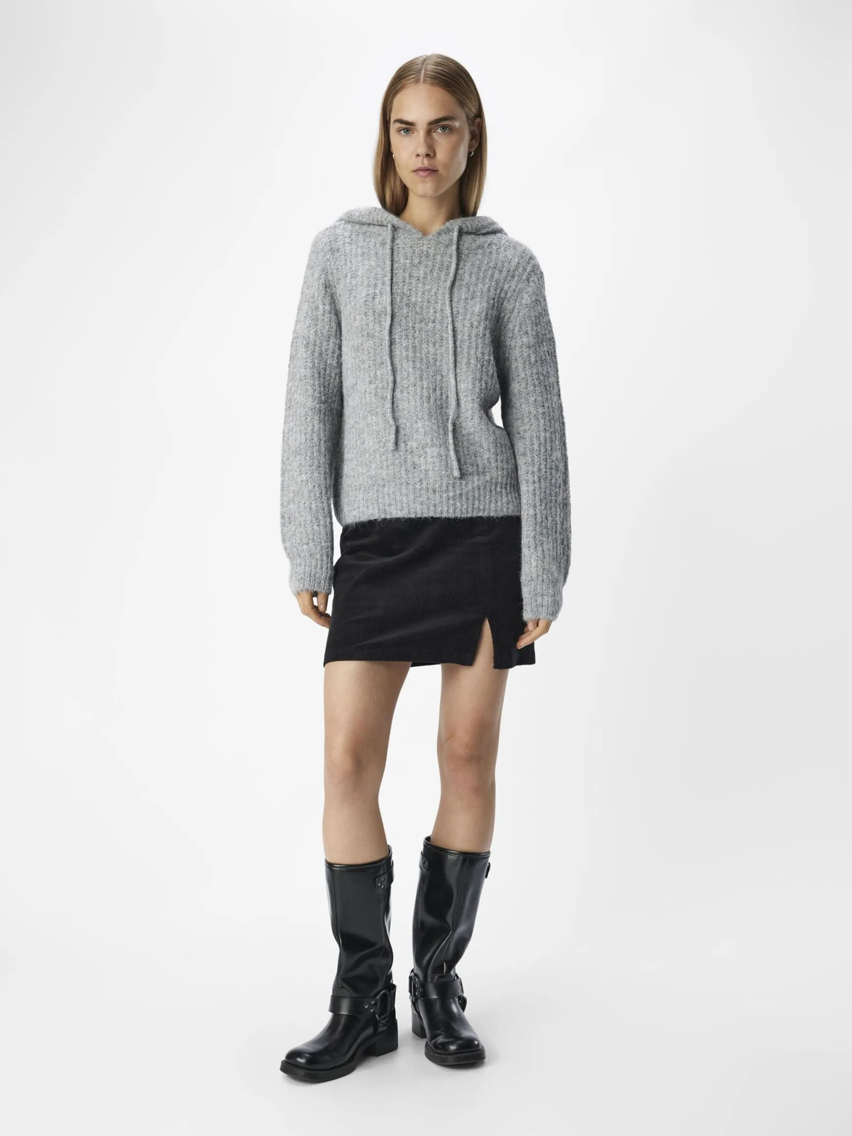 OBJECT Toppar|Stickat*STICKAD HOODIE Light Grey Melange